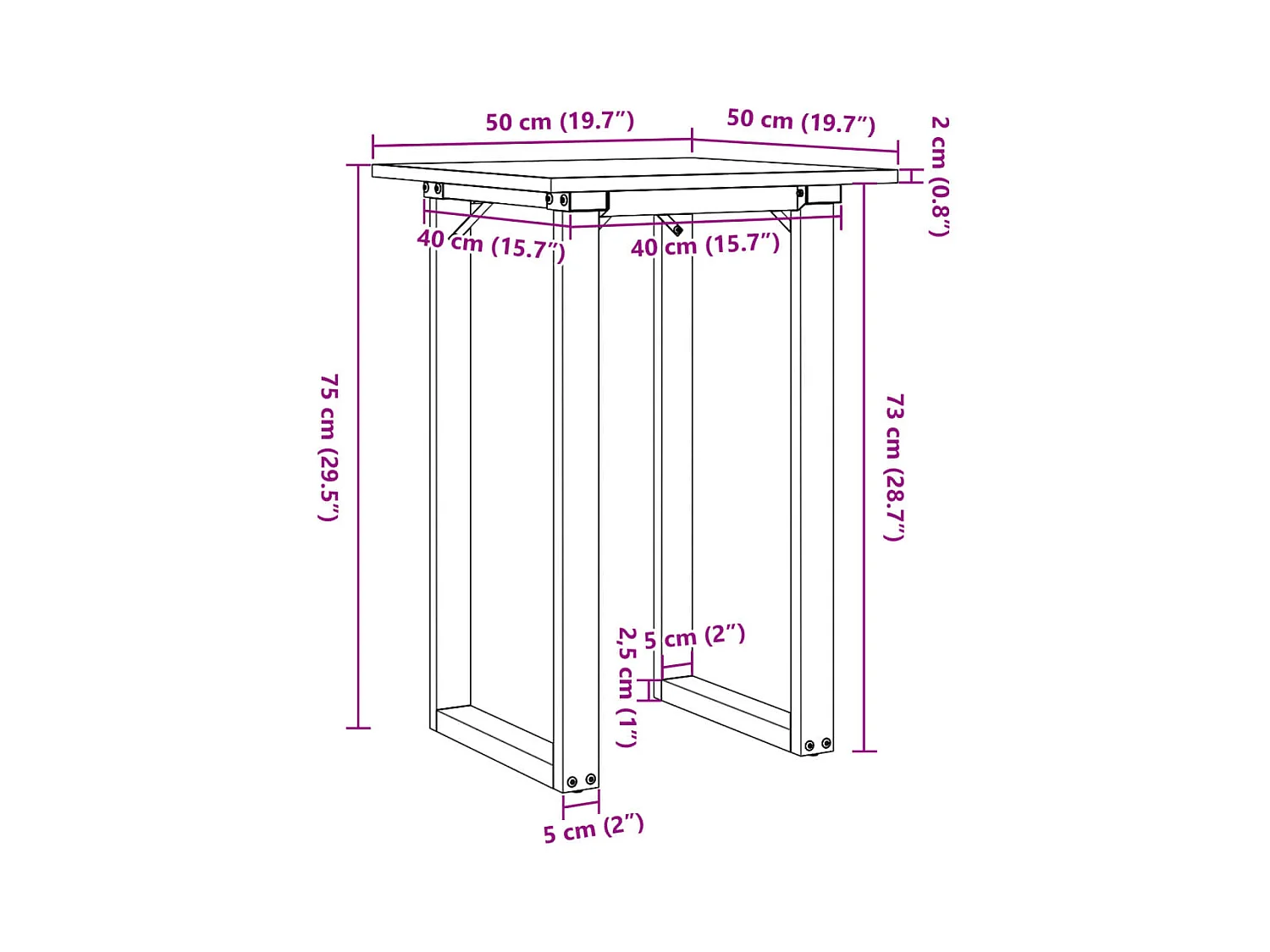Table à manger cadre en O 50x50x75 cm bois de pin massif acier