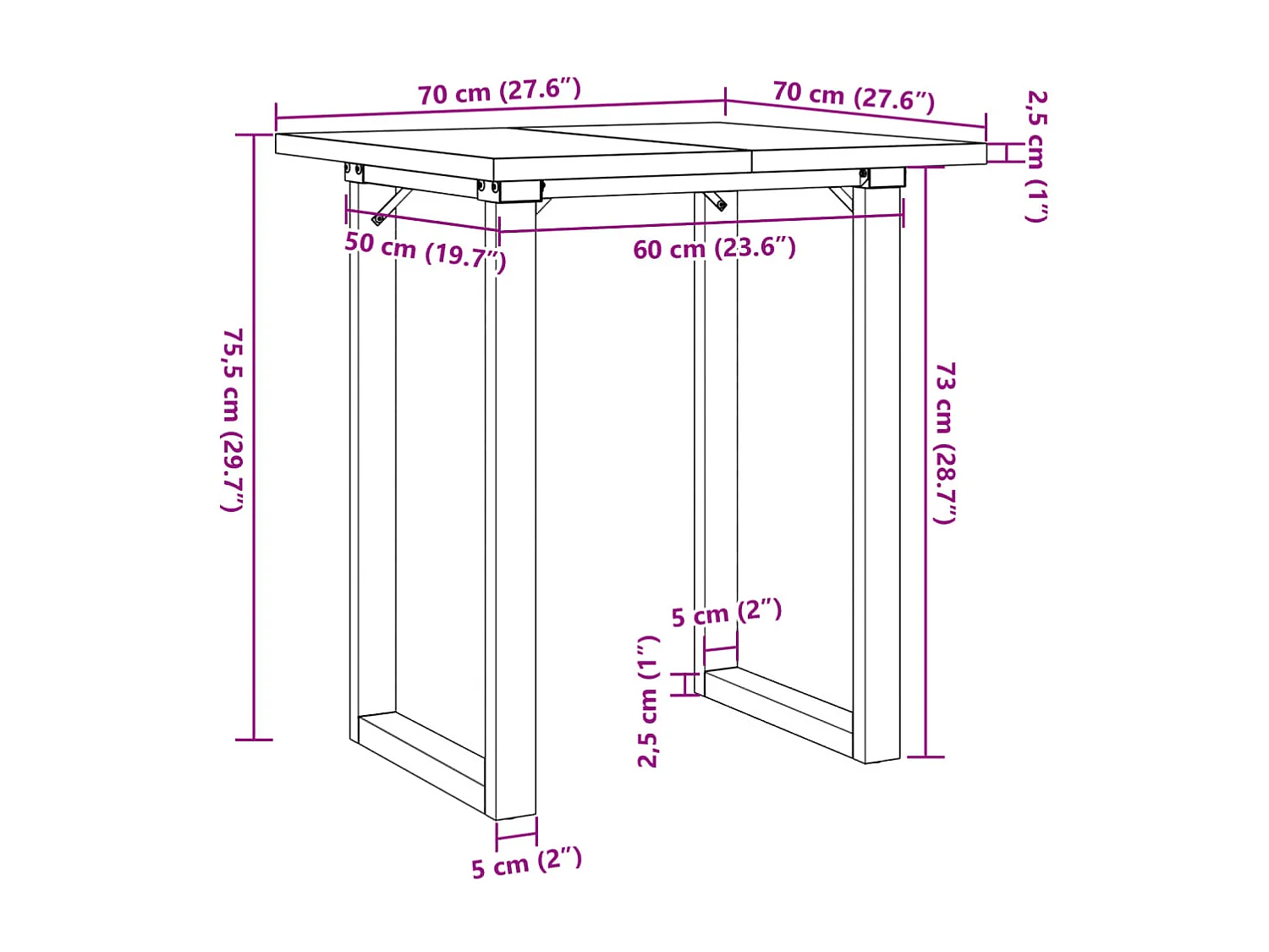 Mesa de comedor marco O madera maciza pino y acero 70x70x75,5cm