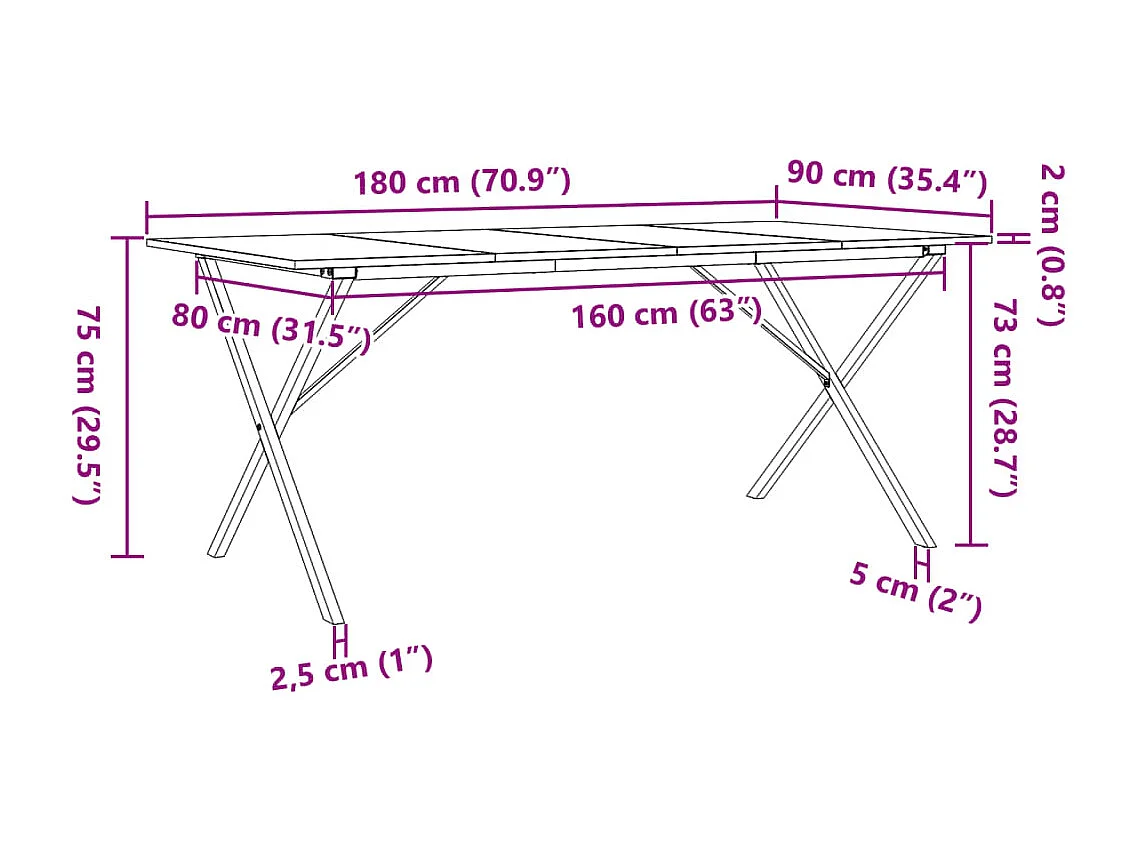 Table à manger cadre en X 180x90x75 cm bois de pin massif acier