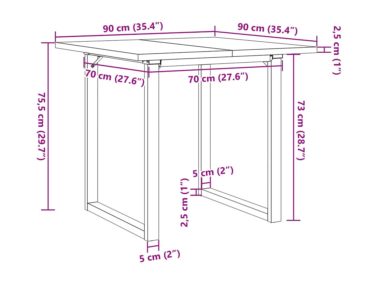 Table à manger cadre en O 90x90x75,5cm bois de pin massif acier