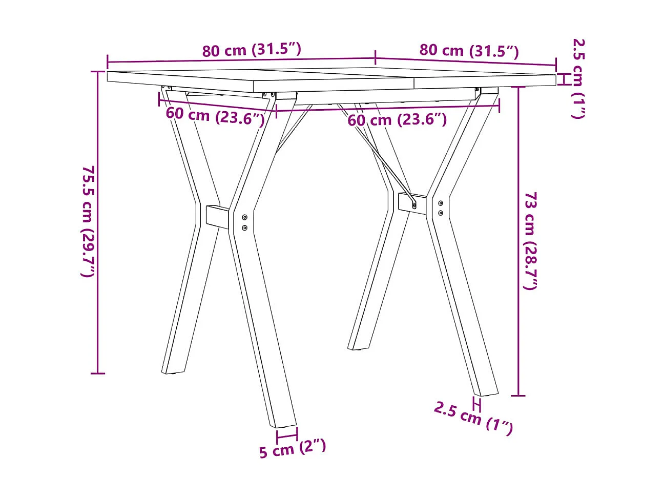Table à manger cadre en Y 80x80x75,5cm bois de pin massif acier