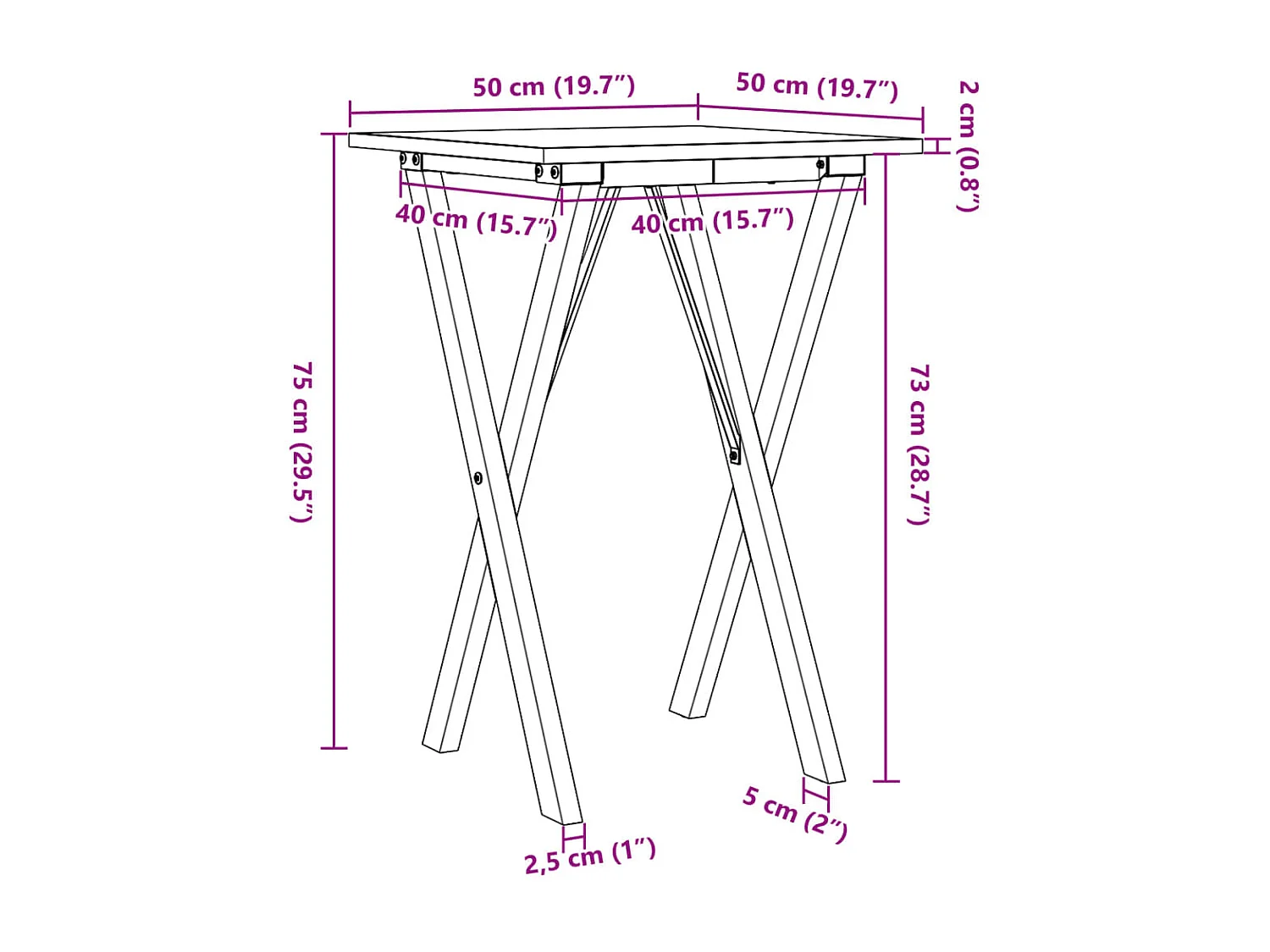 Tavolo da Pranzo Telaio a X 50x50x75 cm Legno Pino e Acciaio