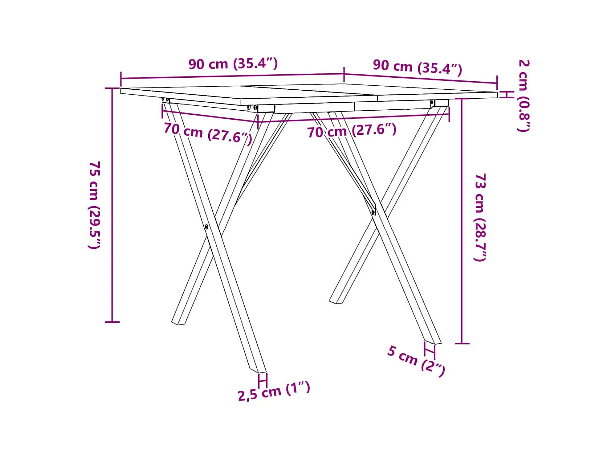 Table à manger cadre en X 90x90x75 cm bois de pin massif acier