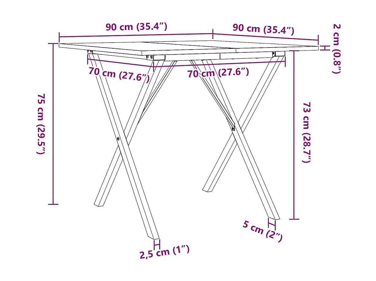 Table à manger cadre en X 90x90x75 cm bois de pin massif acier