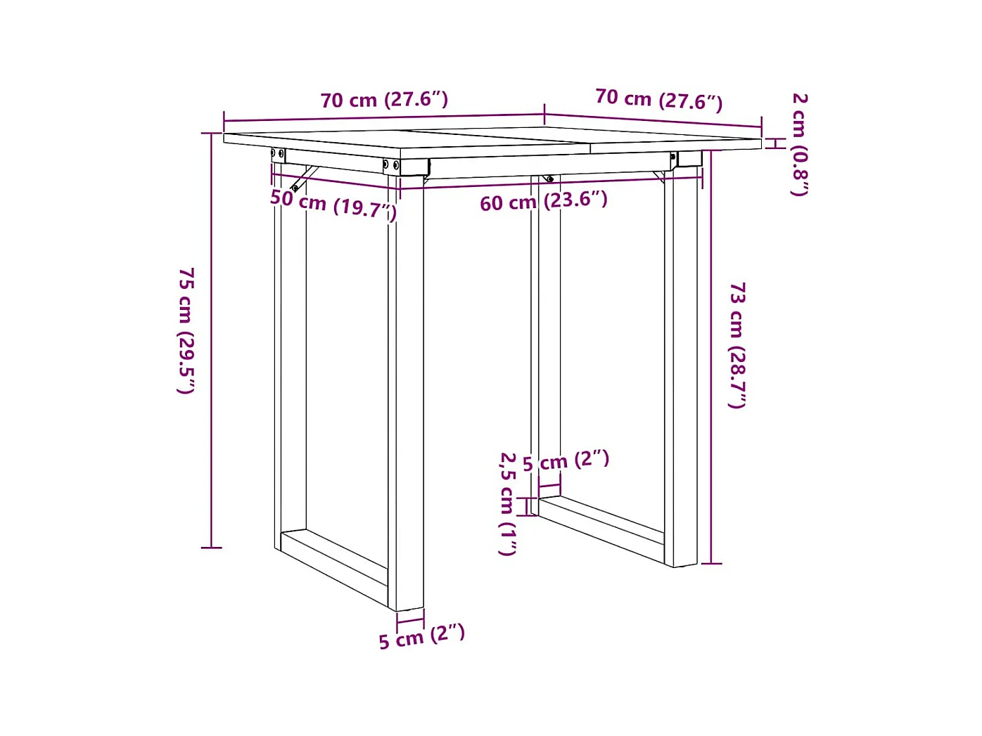 Table à manger cadre en O 70x70x75 cm bois de pin massif acier