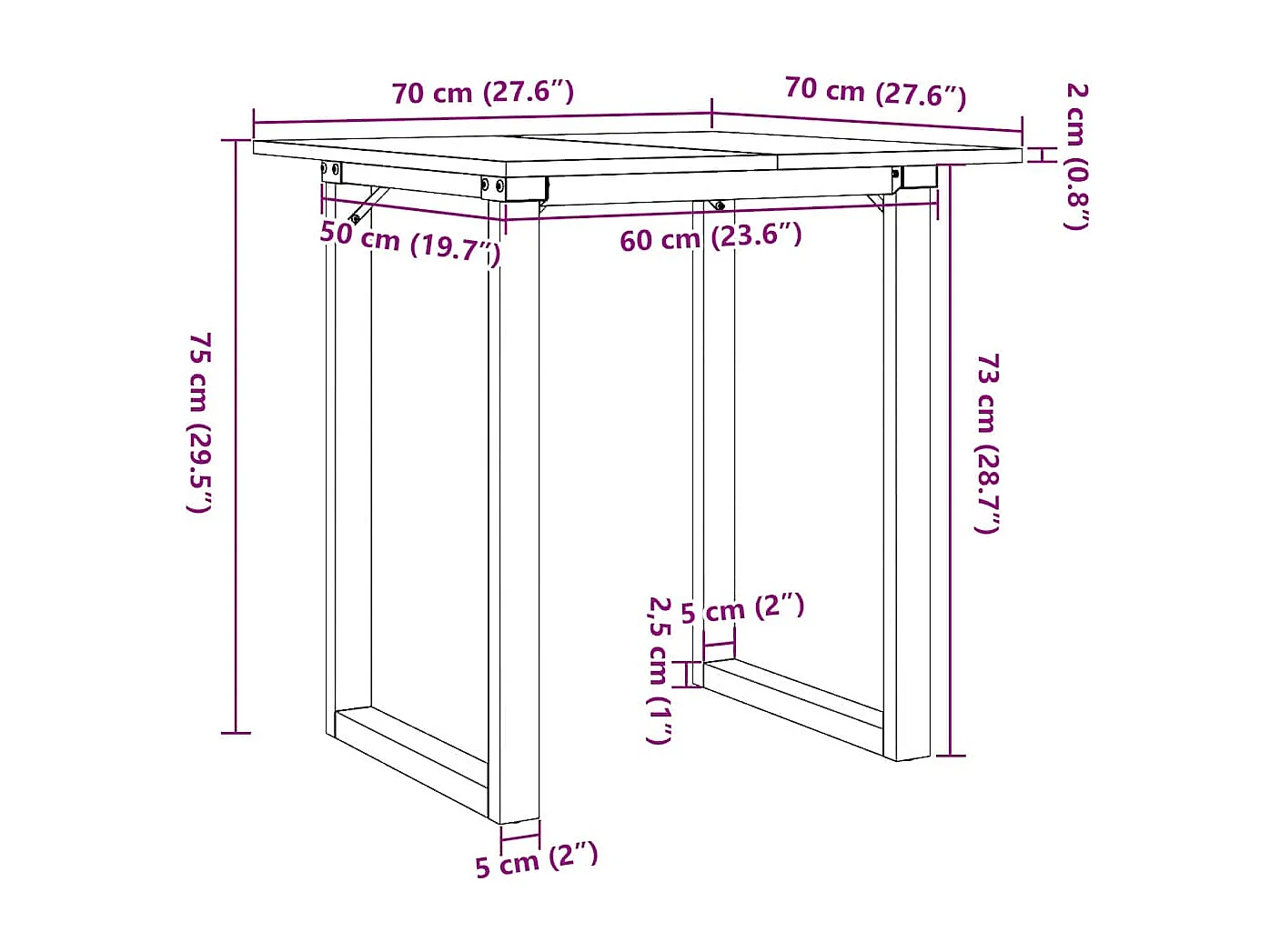 Table à manger cadre en O 70x70x75 cm bois de pin massif acier