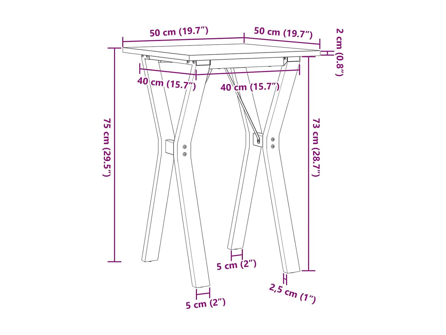 Table à manger cadre en Y 50x50x75 cm bois de pin massif acier
