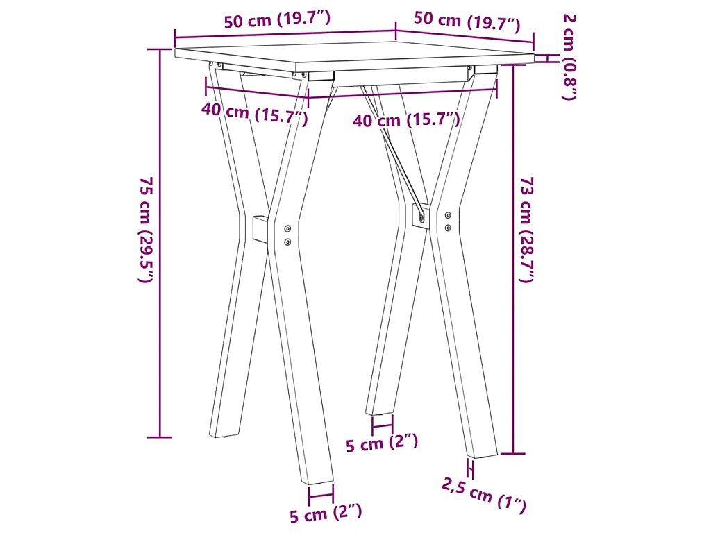Table à manger cadre en Y 50x50x75 cm bois de pin massif acier