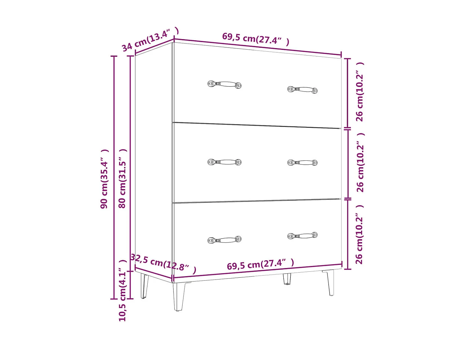 Dressoir 69,5x34x90 cm bewerkt hout bruin eikenkleur