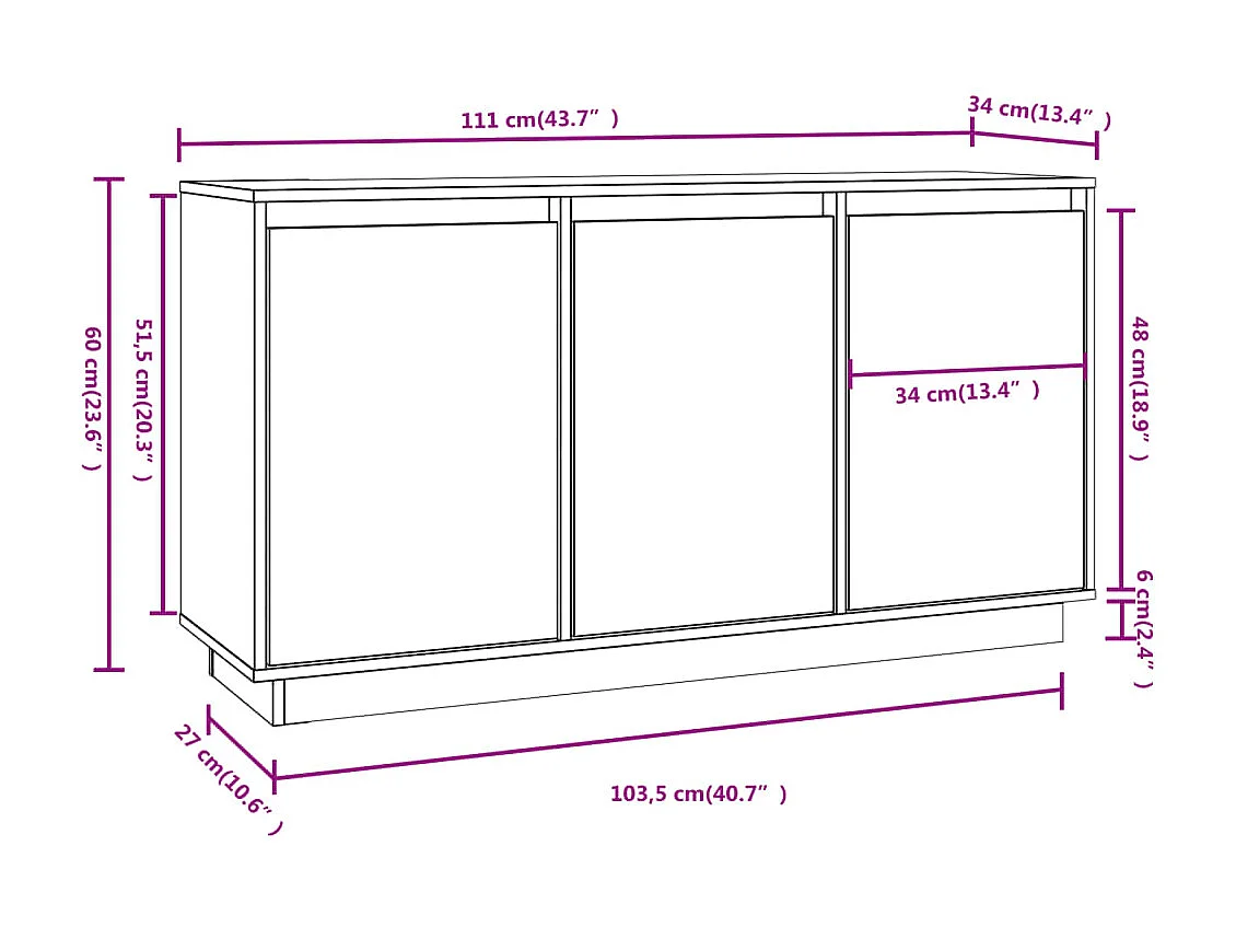 Dressoir 111x34x60 cm massief grenenhout wit