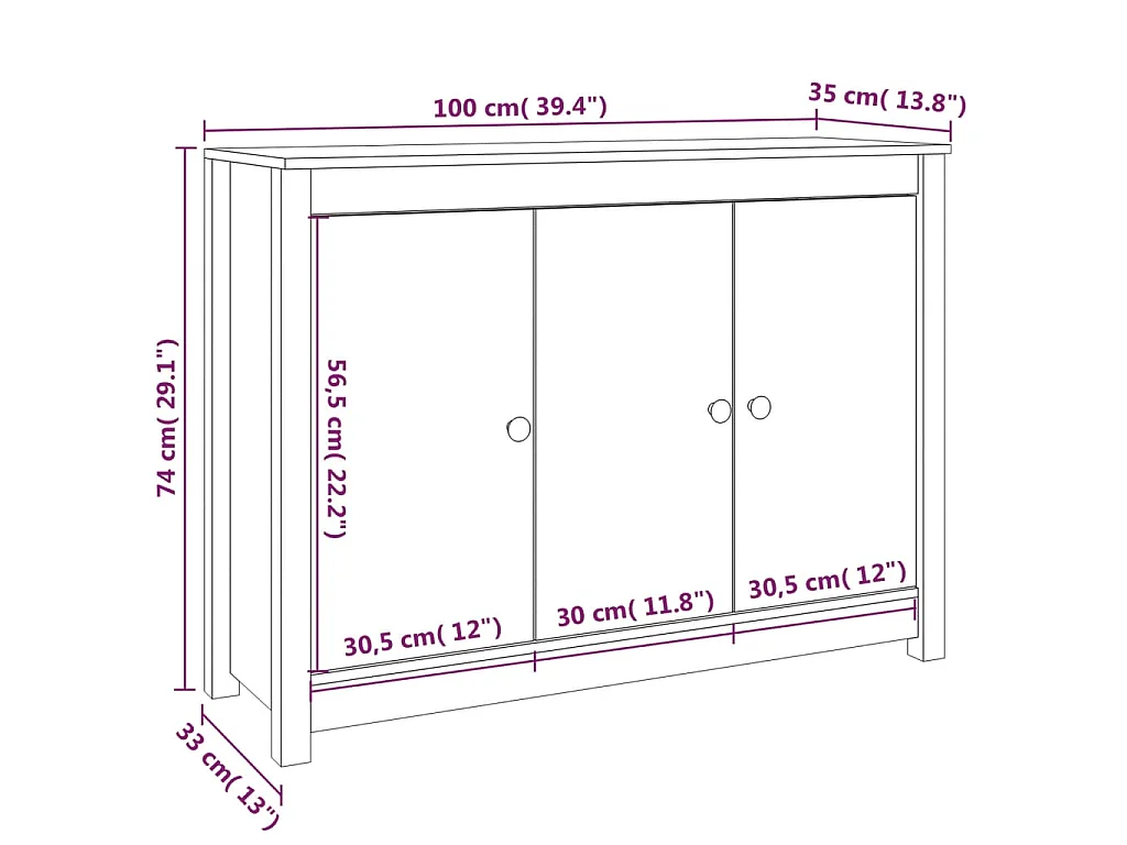 Dressoir 100x35x74 cm massief grenenhout wit