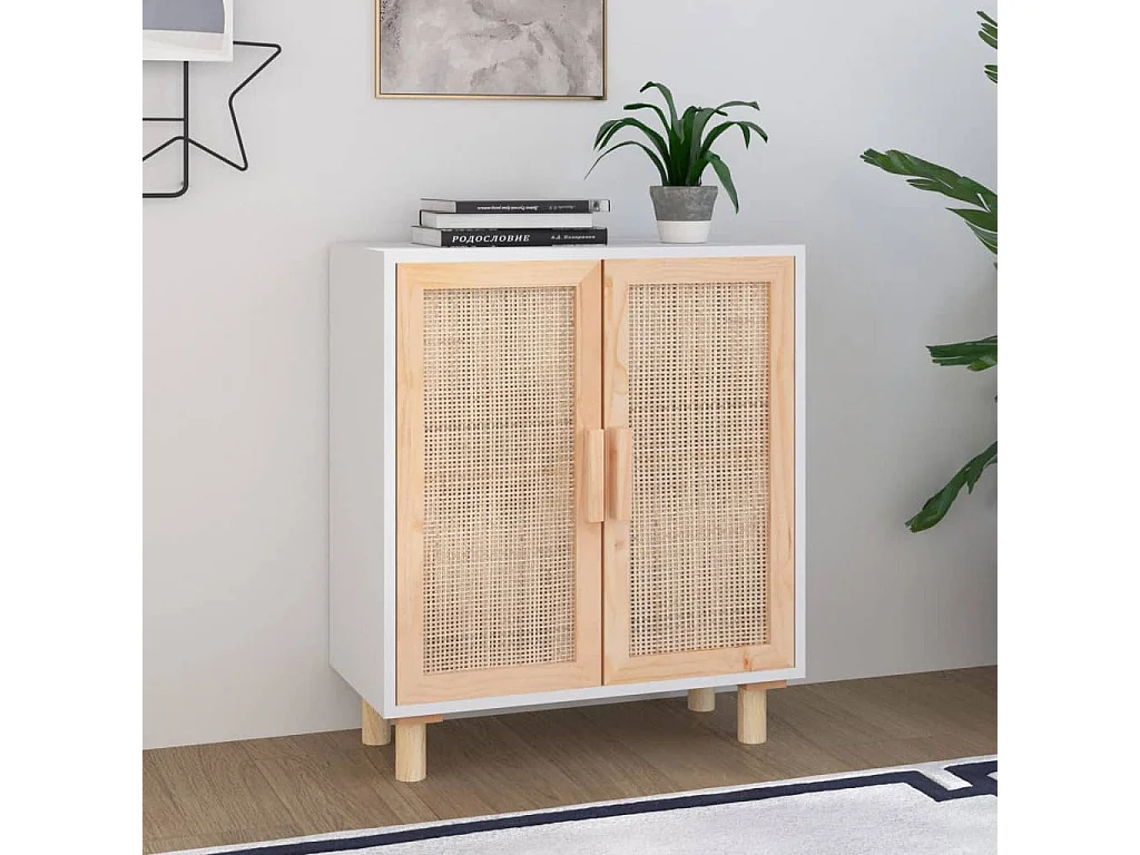Aparador 60x30x70 cm madeira pinho maciça/vime natural branco