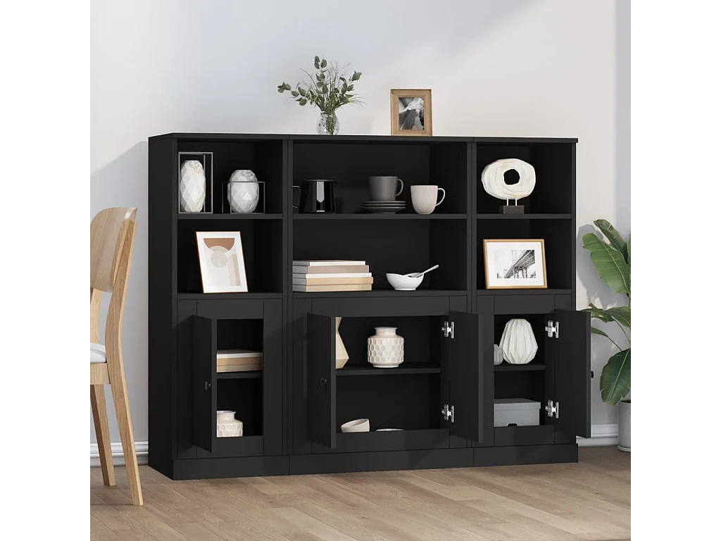 Buffets 3 pcs noir bois d'ingénierie