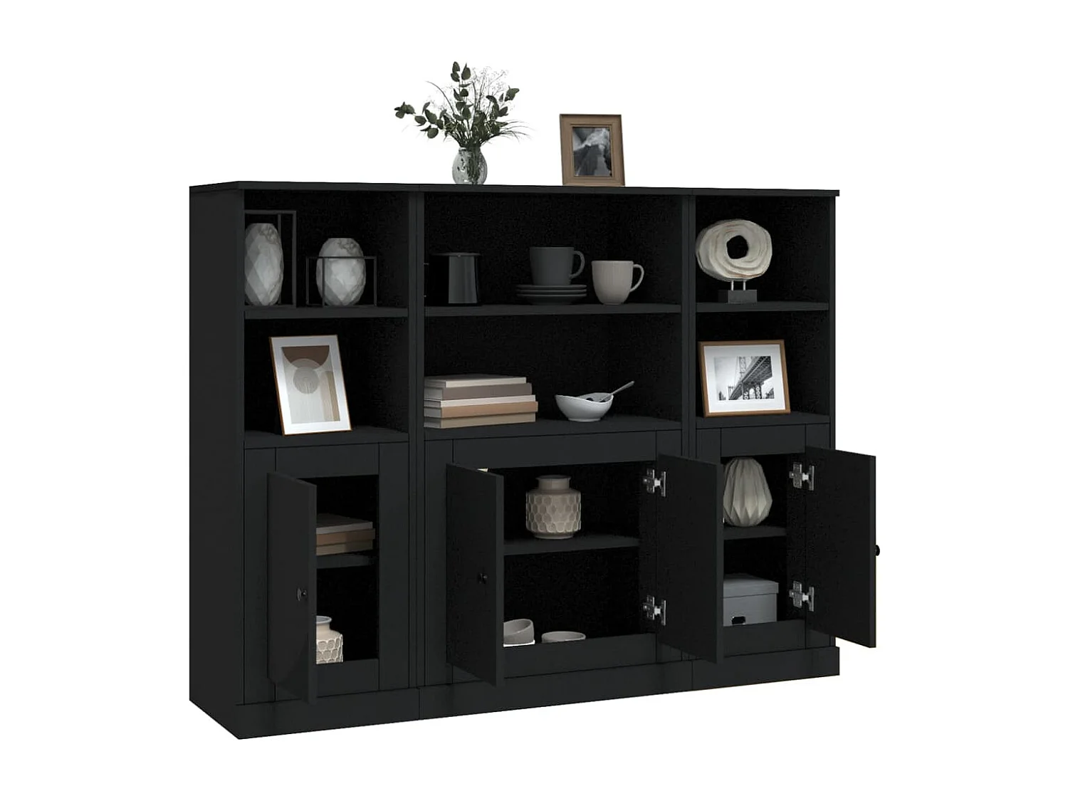 Buffets 3 pcs noir bois d'ingénierie