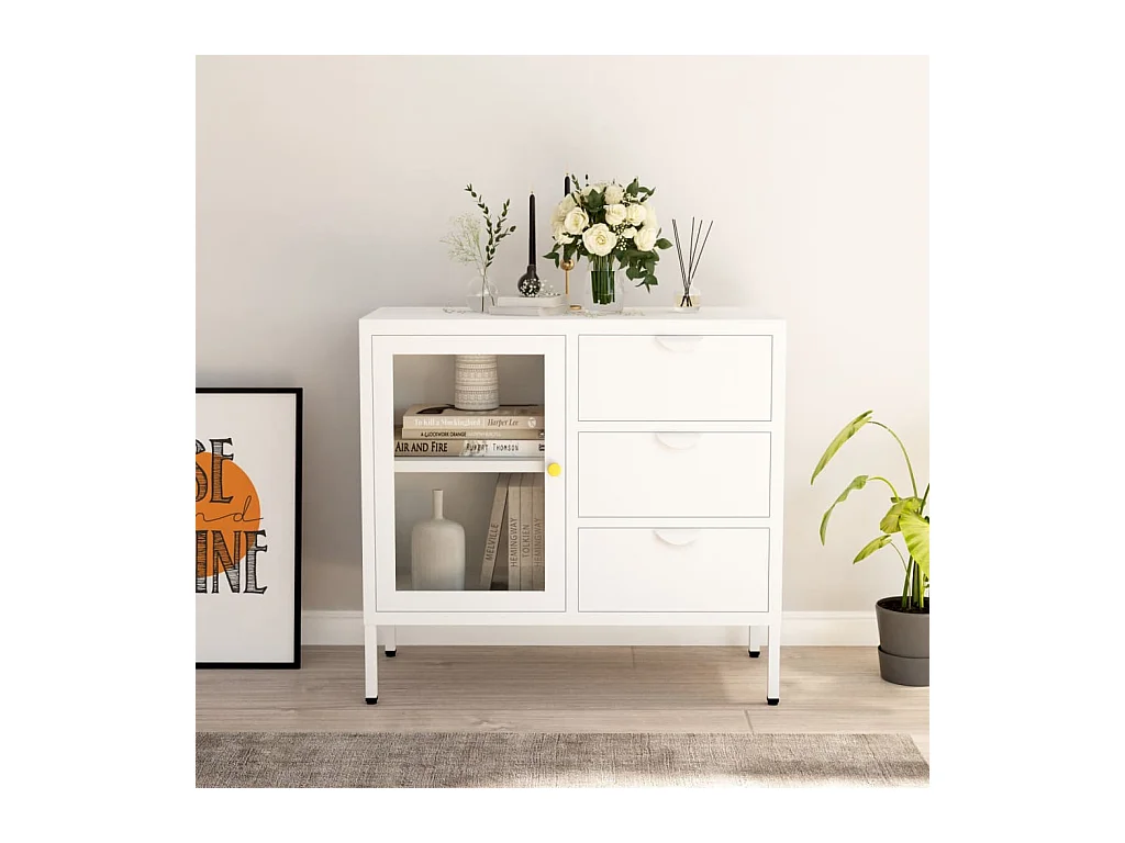Buffet Blanc 75x35x70 cm Acier et verre trempé
