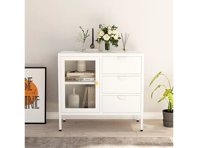 Aparador 75x35x70 cm vidro temperado e aço branco