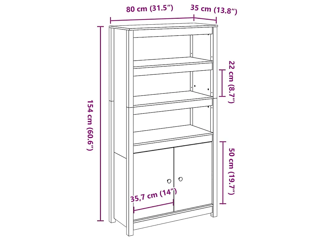 Hoge kast 80x35x154 cm massief grenenhout zwart