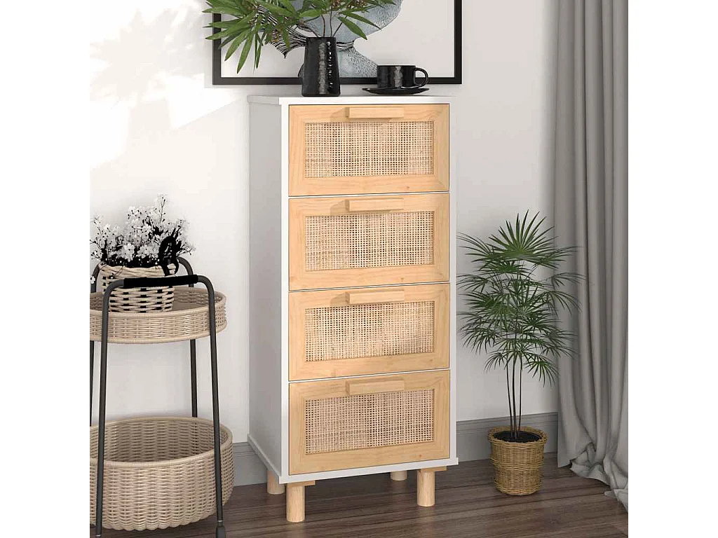 Buffet Blanc 40x30x90 cm Bois de pin massif et rotin naturel