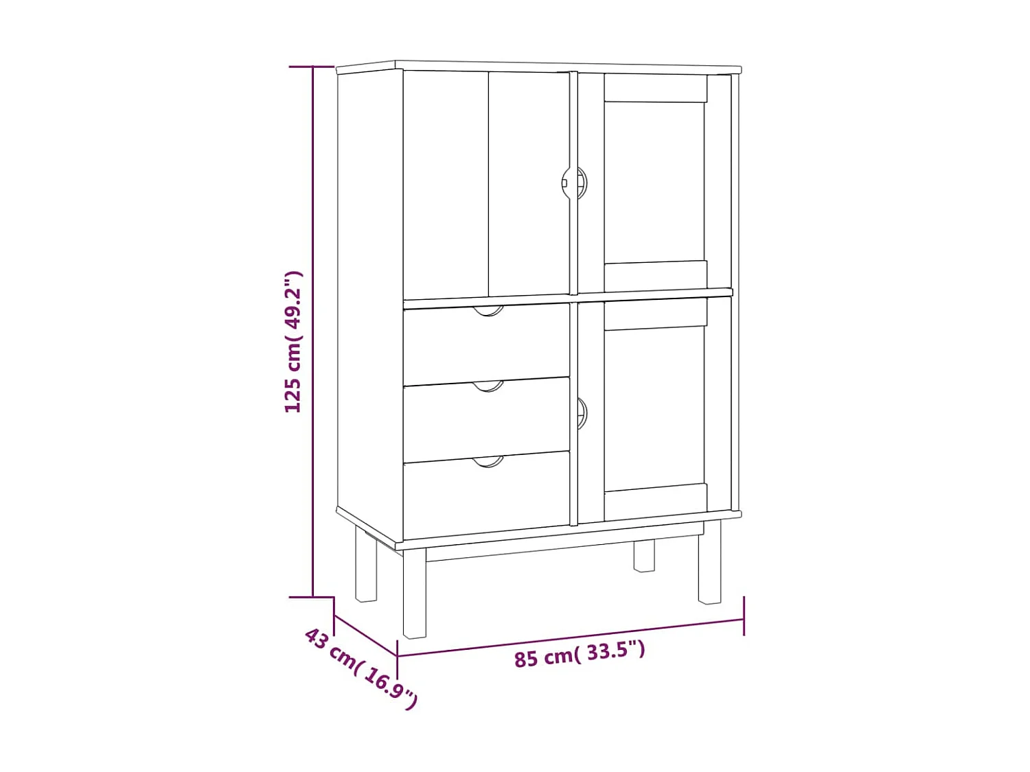 Aparador de madera maciza de pino 85x43x125 cm
