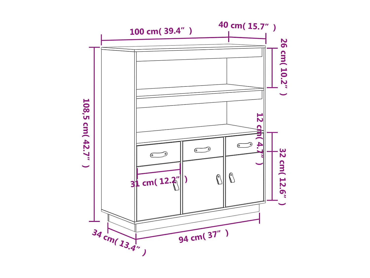 Hoge kast 100x40x108,5 cm massief grenenhout wit