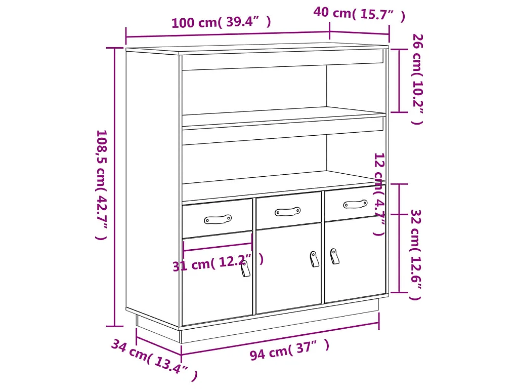 Highboard Weiß 100x40x108,5 cm Massivholz Kiefer