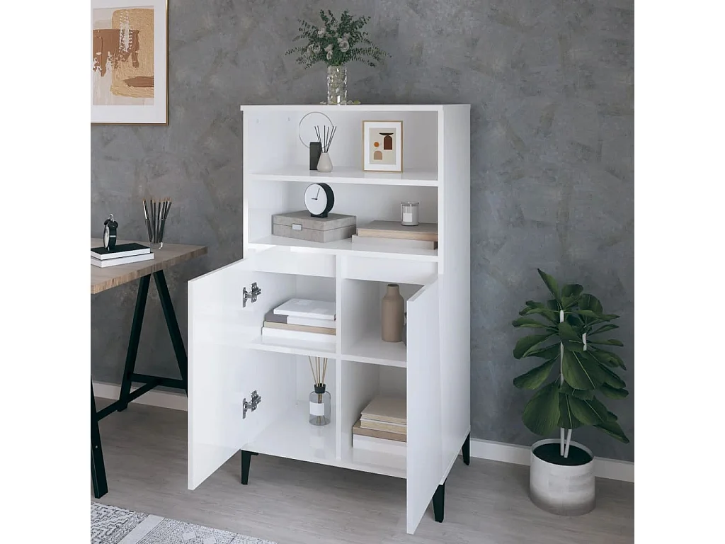 Buffet haut Blanc brillant 60x36x110 cm Bois d'ingénierie