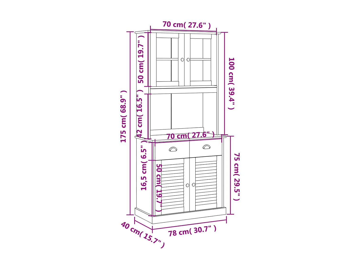 Buffet haut VIGO blanc 78x40x175 cm bois massif de pin