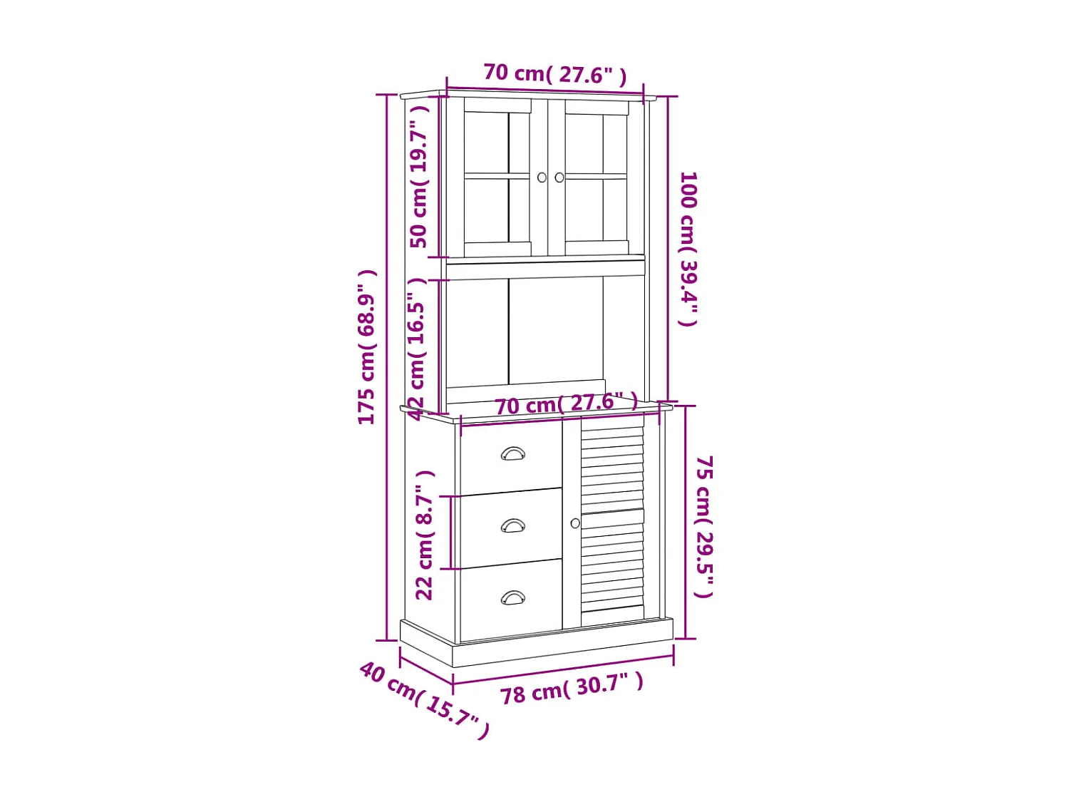 Buffet haut VIGO blanc 78x40x175 cm bois massif de pin