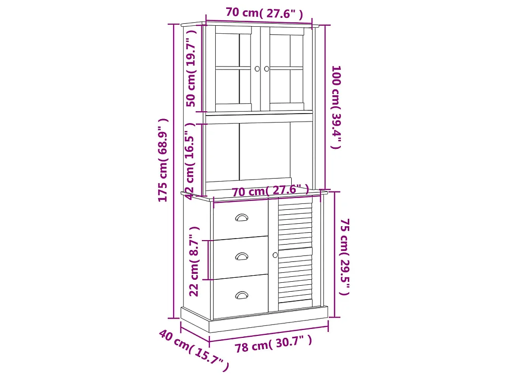Buffet haut VIGO blanc 78x40x175 cm bois massif de pin