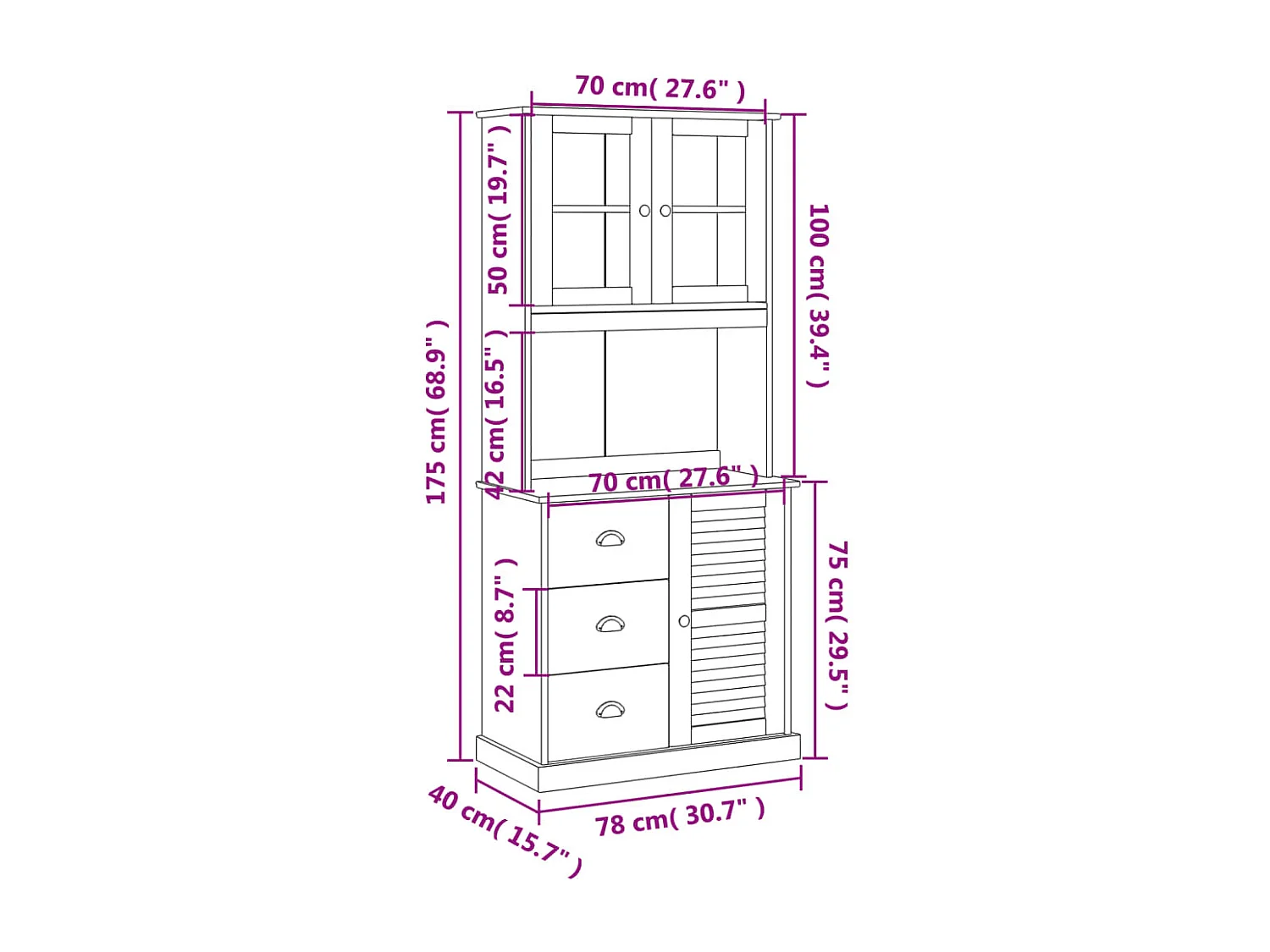 Credenza VIGO 78x40x175 cm in Legno Massello di Pino