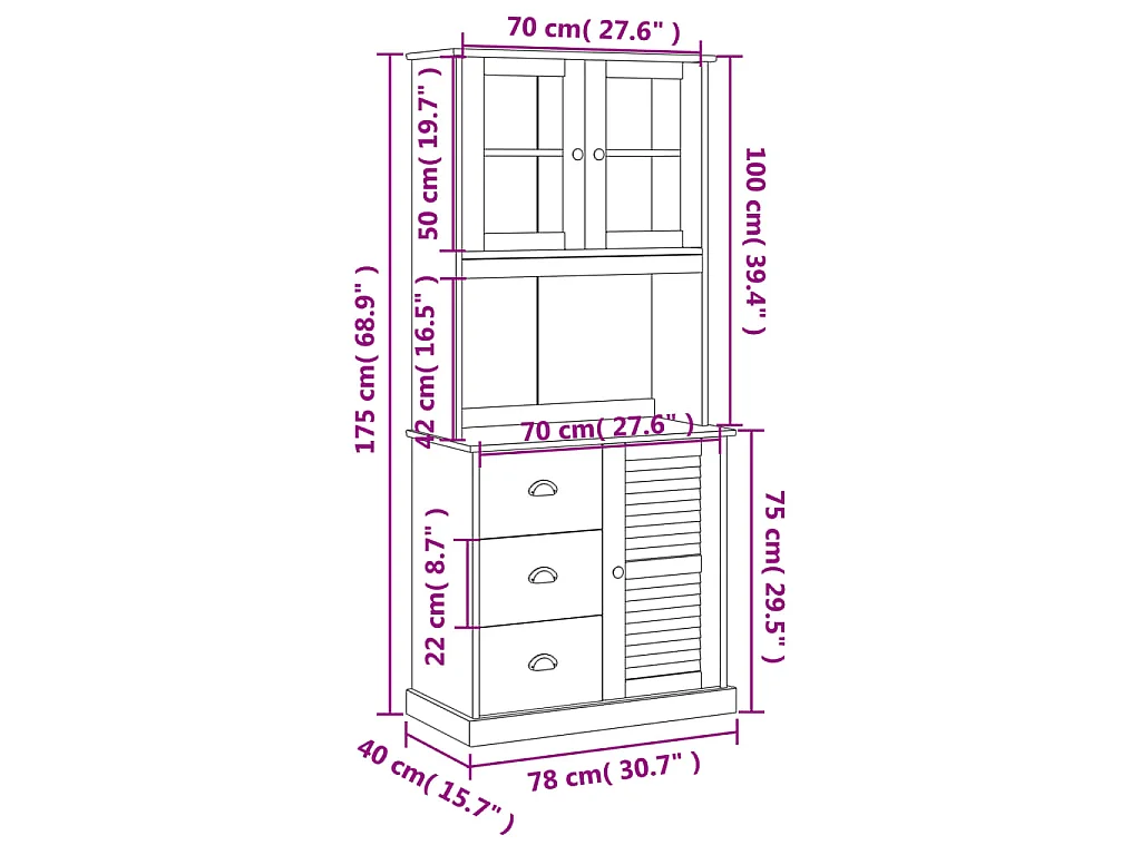 Hoge kast VIGO 78x40x175 cm massief grenenhout