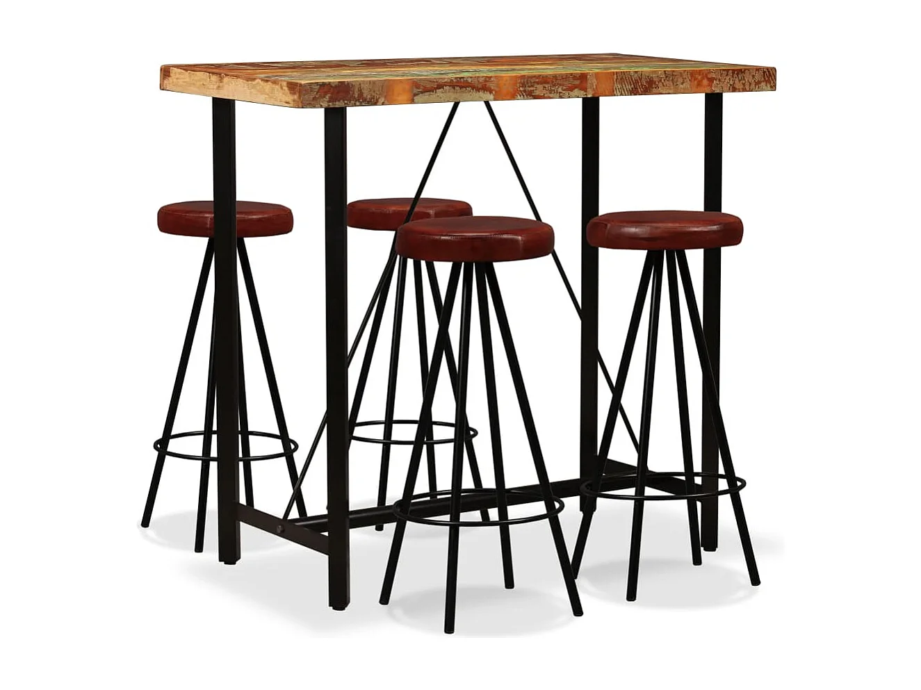 Ensemble de bar 5 pcs Bois massif recyclé et cuir véritable