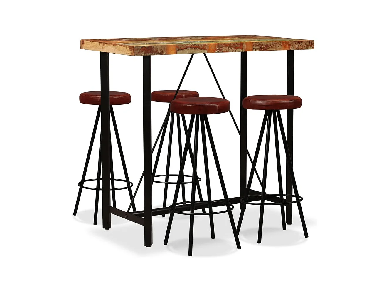 Ensemble de bar 5 pcs Bois massif recyclé et cuir véritable