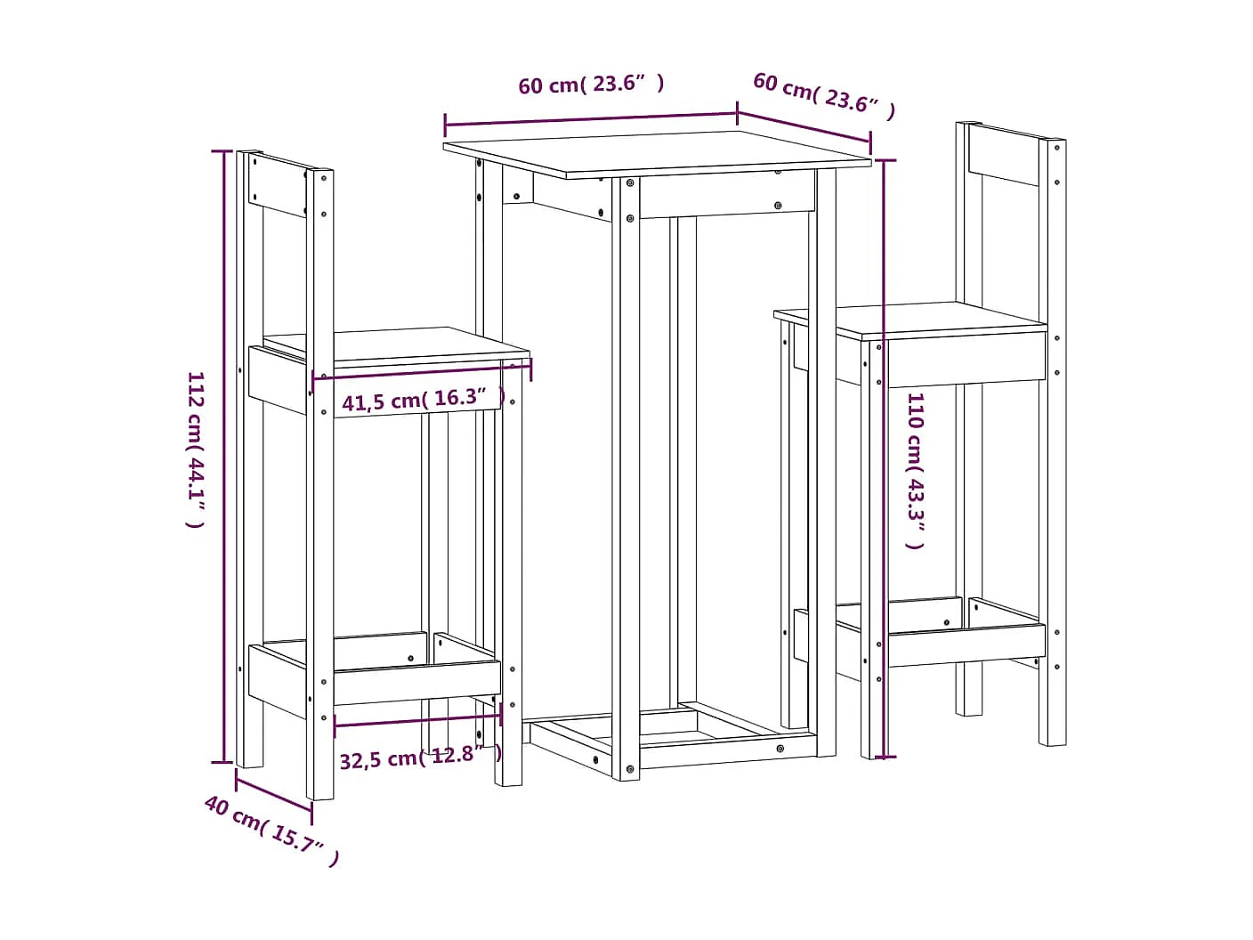 Ensemble de bar 3 pcs Blanc Bois de pin massif