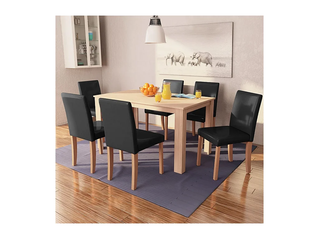 Table et chaises 7 pcs Cuir synthétique Chêne Noir