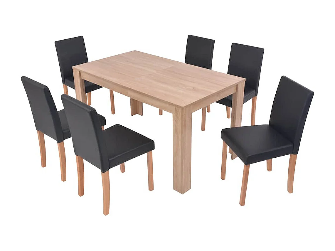 Mesa e cadeiras de jantar 7 pcs couro artificial carvalho preto