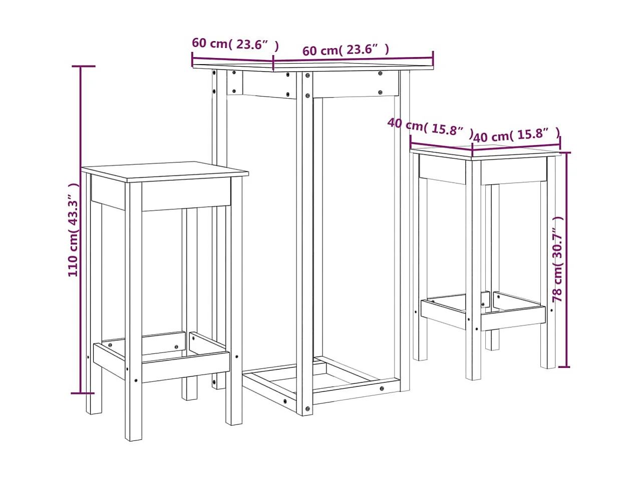 Ensemble de bar 3 pcs Bois de pin massif