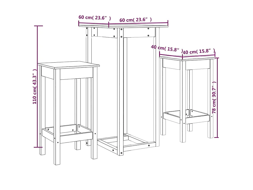 Ensemble de bar 3 pcs Bois de pin massif