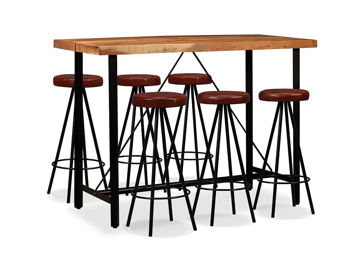 Ensemble de bar 7 pcs Bois d'acacia massif et cuir véritable
