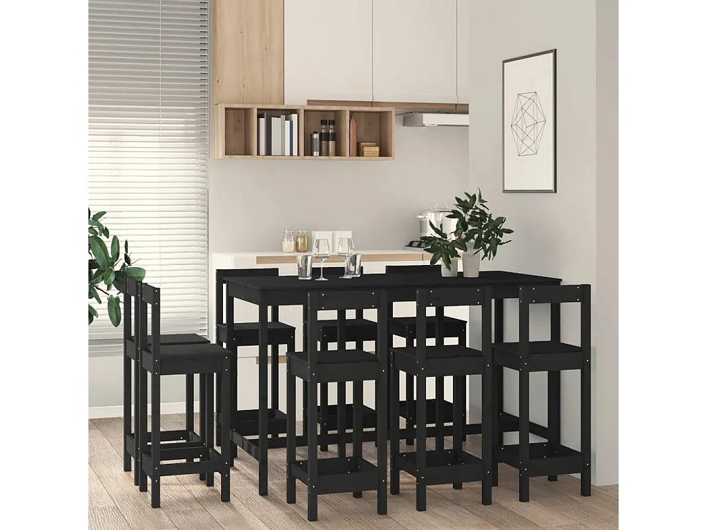 9-delige Barset massief grenenhout zwart