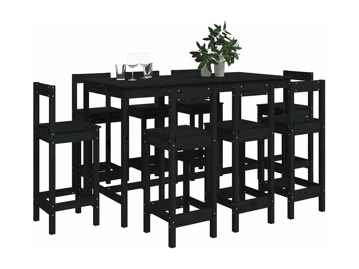 9-delige Barset massief grenenhout zwart