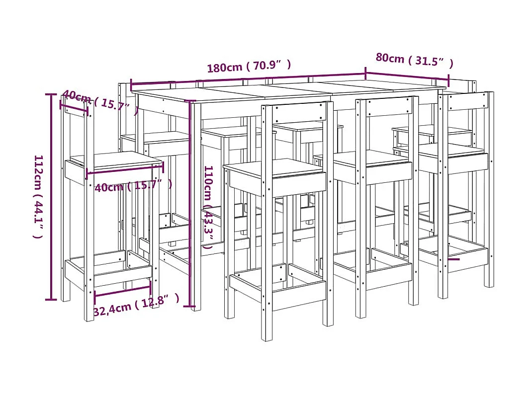 9-delige Barset massief grenenhout zwart