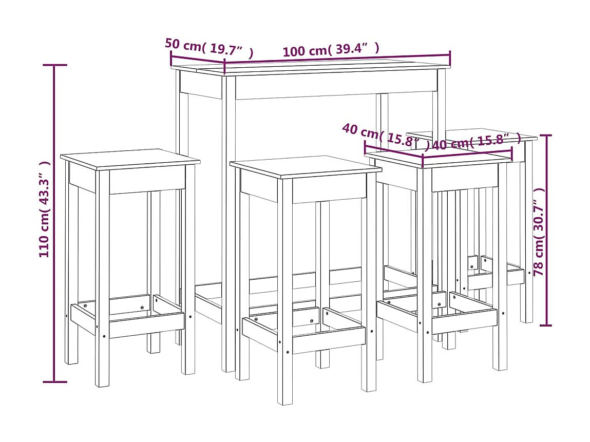 Ensemble de bar 5 pcs Noir Bois de pin massif