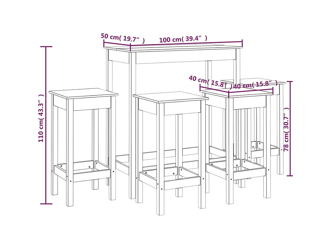 Ensemble de bar 5 pcs Noir Bois de pin massif