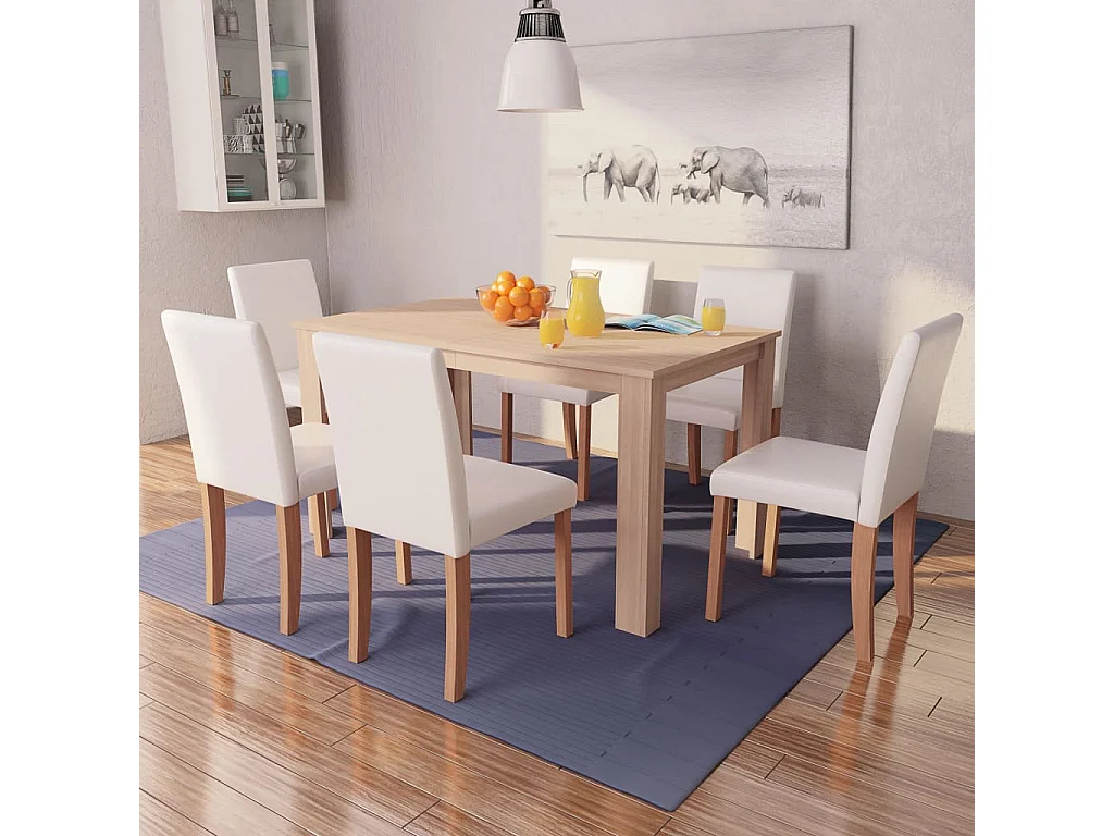 Sedie e Tavolo Pranzo 7 pz in Pelle Artificiale Quercia Crema