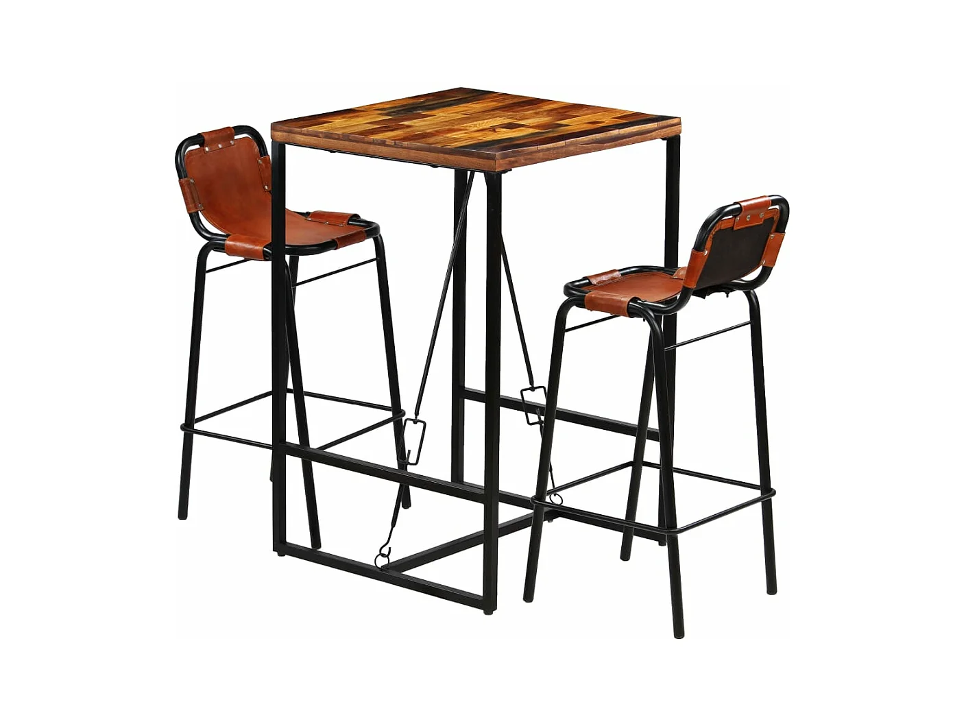 Ensemble de bar 3 pcs Bois massif recyclé et cuir de chèvre