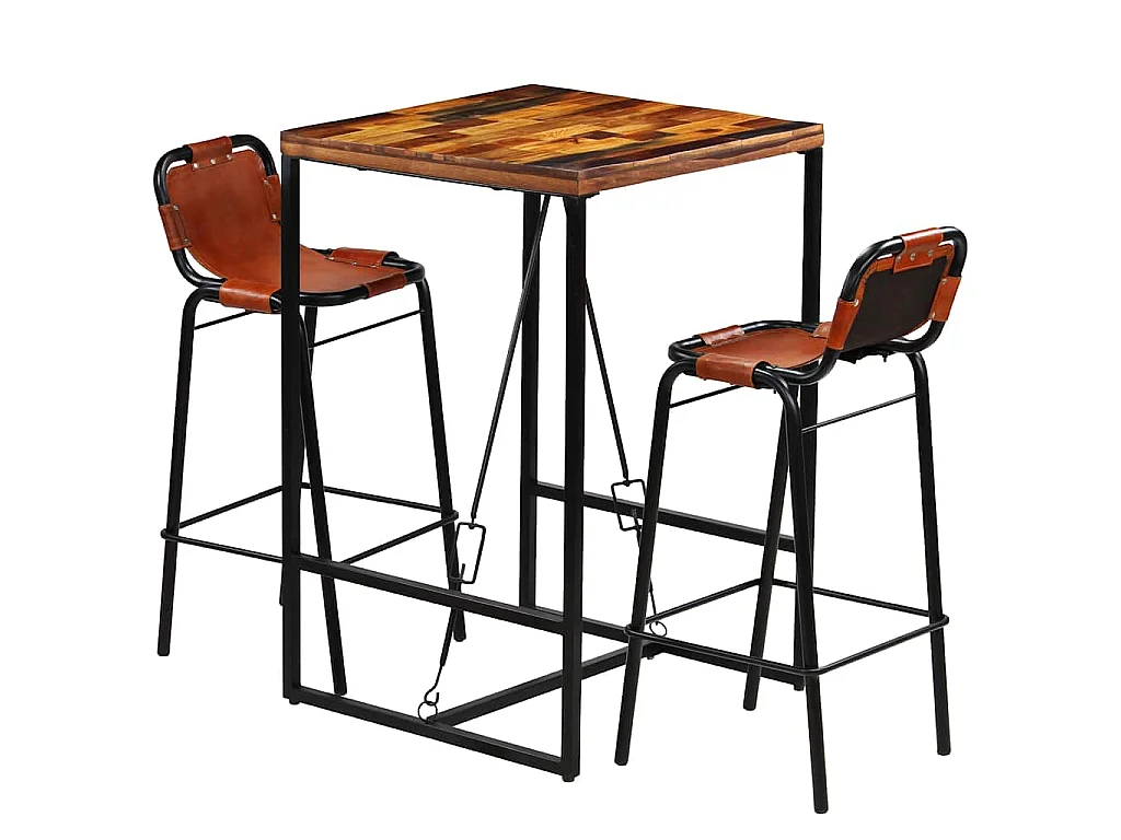 3-delige Barset massief gerecycled hout en echt geitenleer