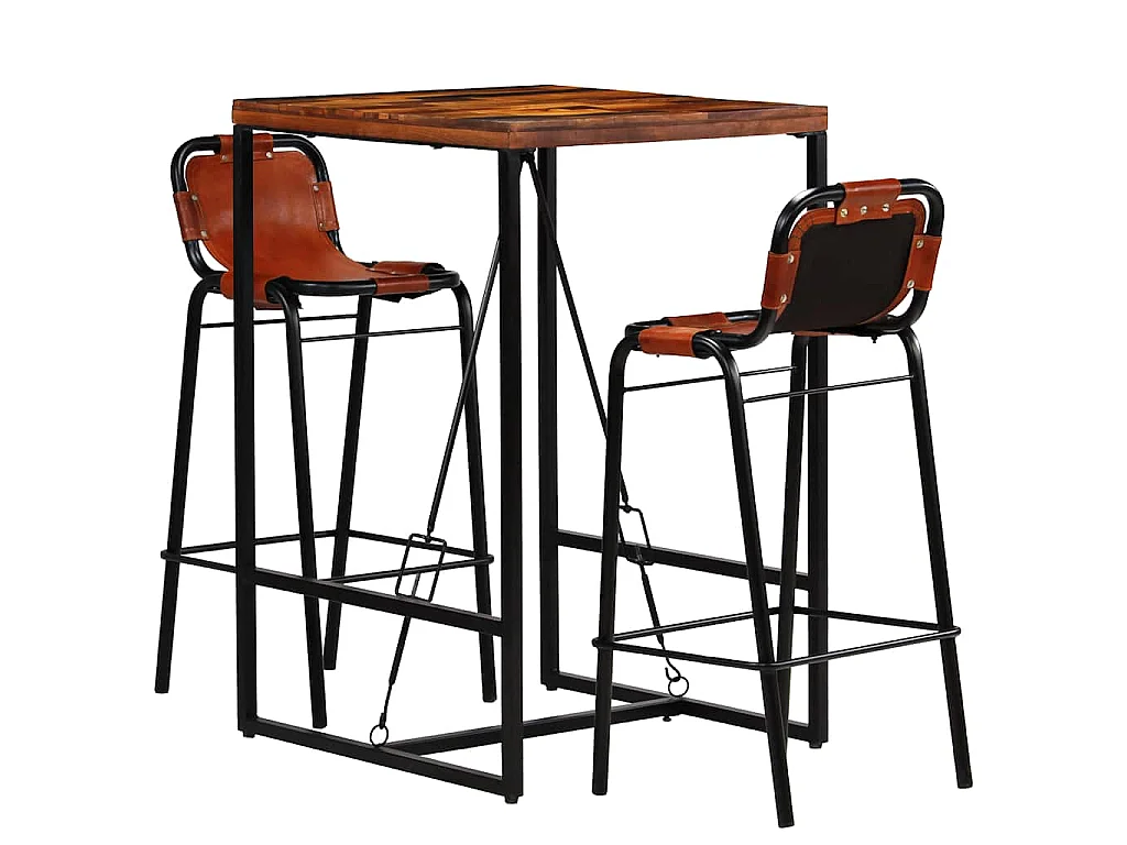 Ensemble de bar 3 pcs Bois massif recyclé et cuir de chèvre