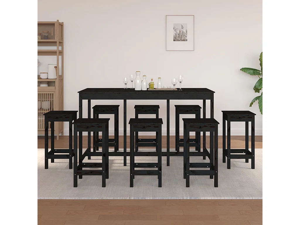 Ensemble de bar 9 pcs Noir Bois de pin massif