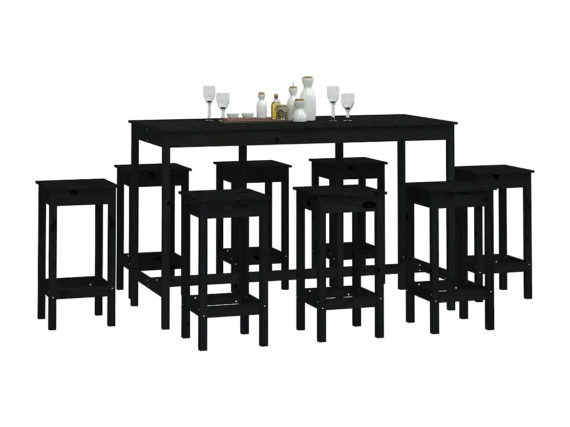 Ensemble de bar 9 pcs Noir Bois de pin massif